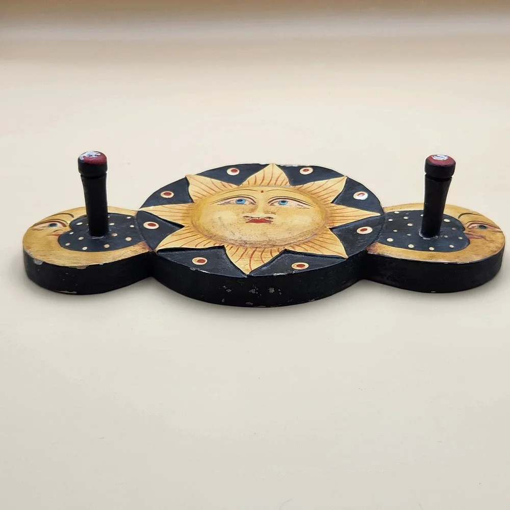 Vintage Celestial Moon Stars Sun Wooden Painted Key Coat Hook Wall Hanger Decor